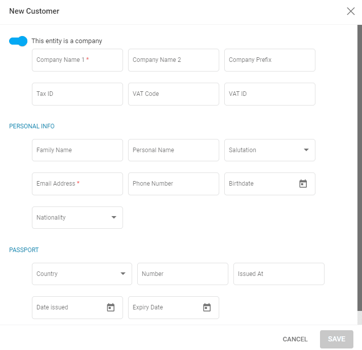 A screenshot showing the new customer creation window for a company