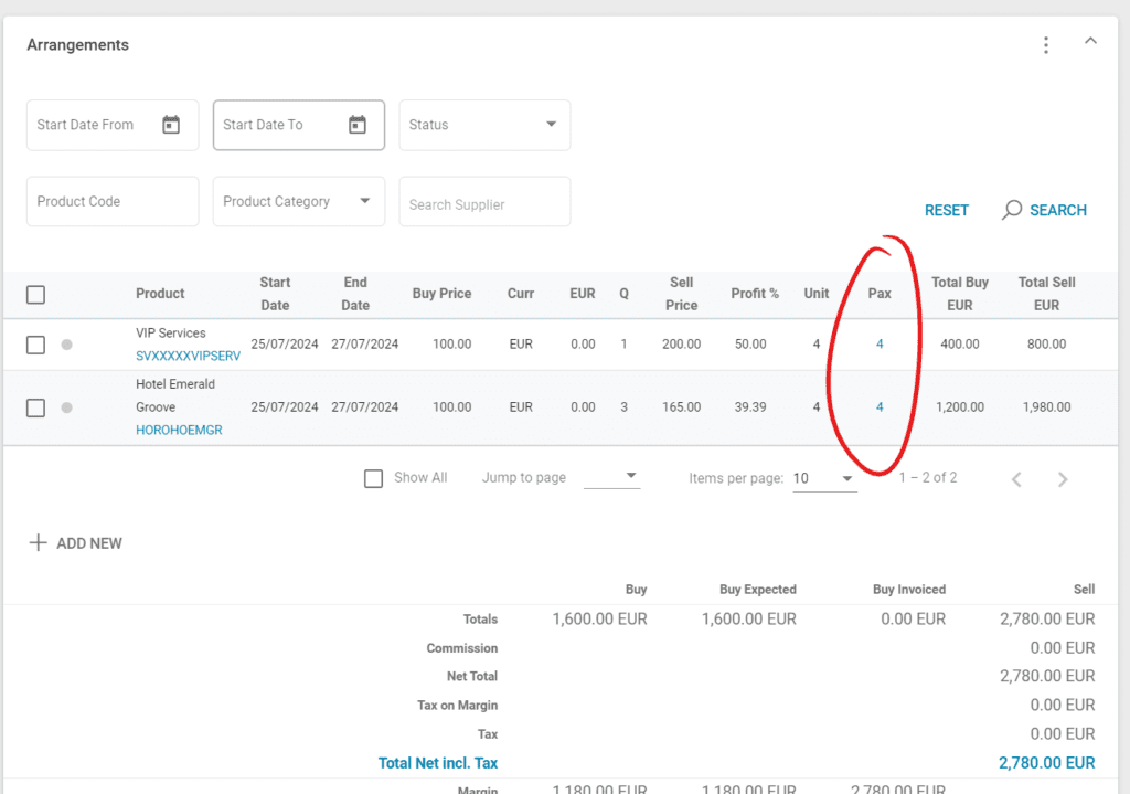 A screenshot showing a deal's arrangements and the Pax column