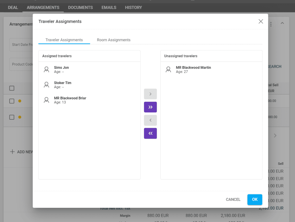 A screenshot showing the traveler assignment window in a deal