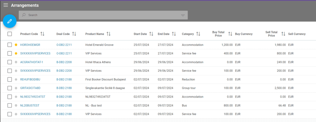 A screenshot showing the arrangements listing