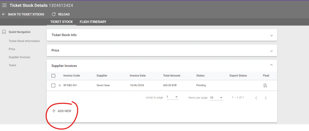 A screenshot showing the add new supplier invoice button in the ticket stock details in our tour operator software