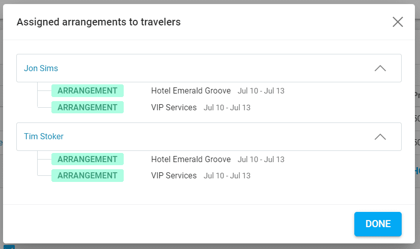 A screenshot showing the assigned arrangements to travelers