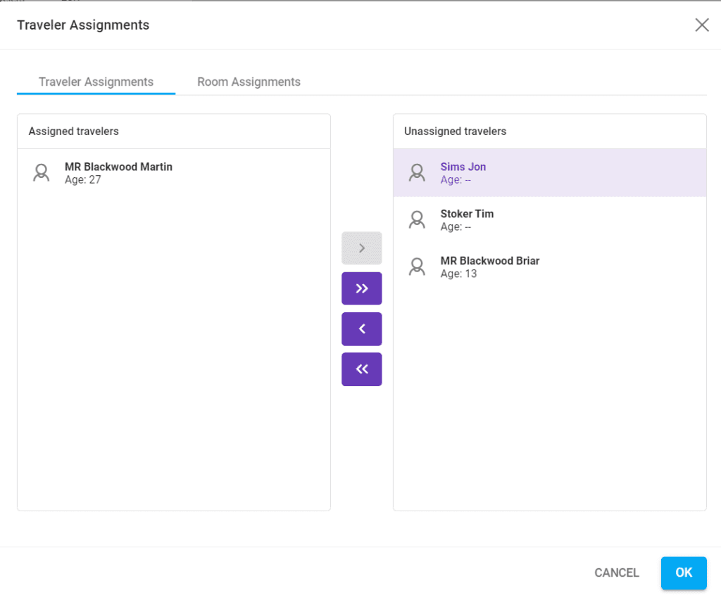 A screenshot of the traveler assignment window
