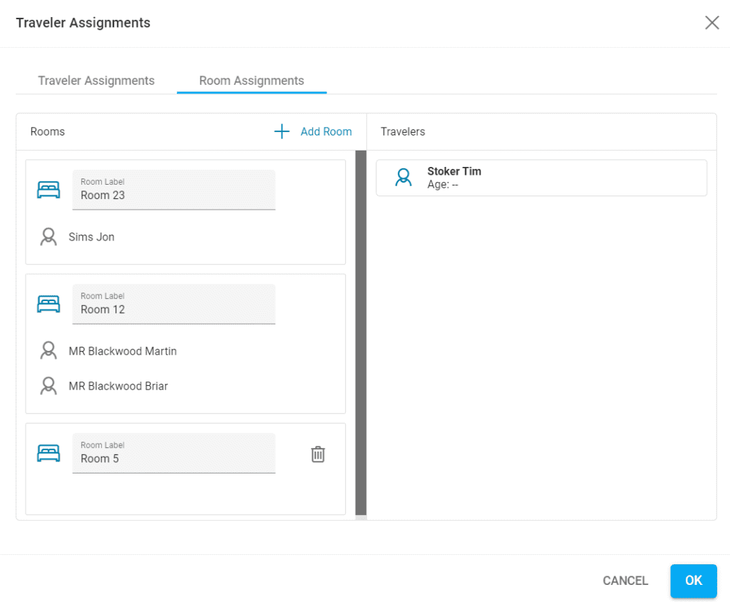 A screenshot of the room assignment window for travelers