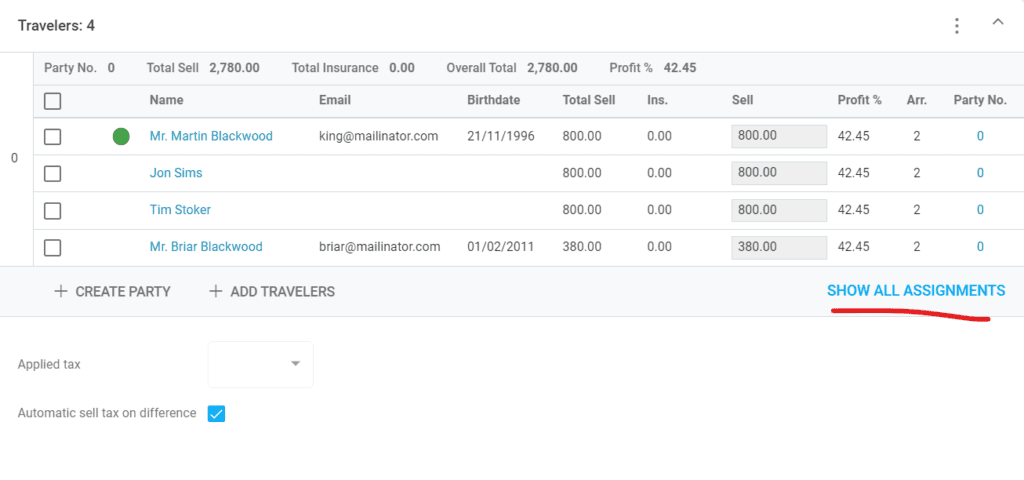 A screenshot showing the traveler table and the "show all assignments" button