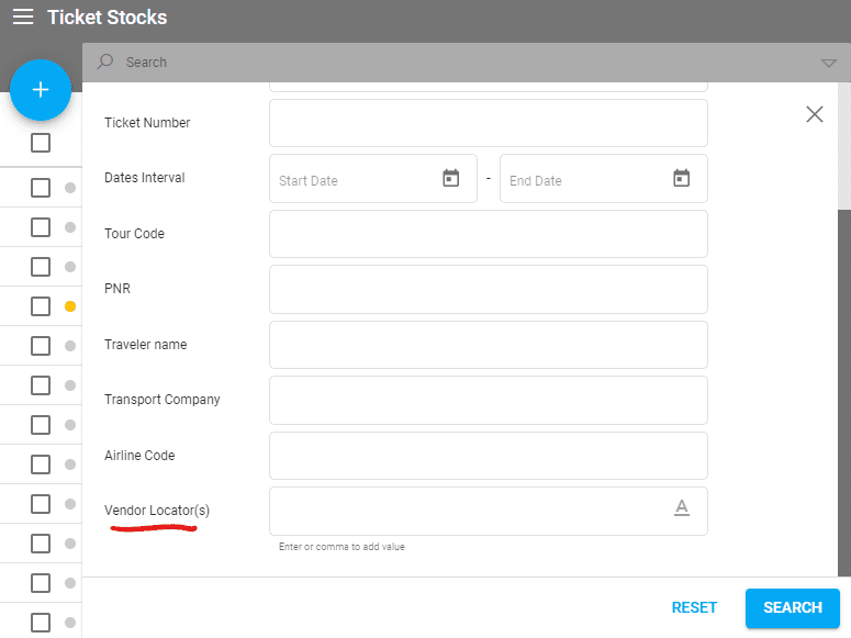 A screenshot showing the advanced search filters for the Ticket Stock listing.