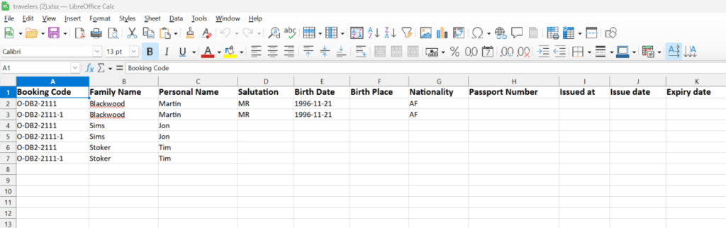 A screenshot showing the passenger list export excel file.