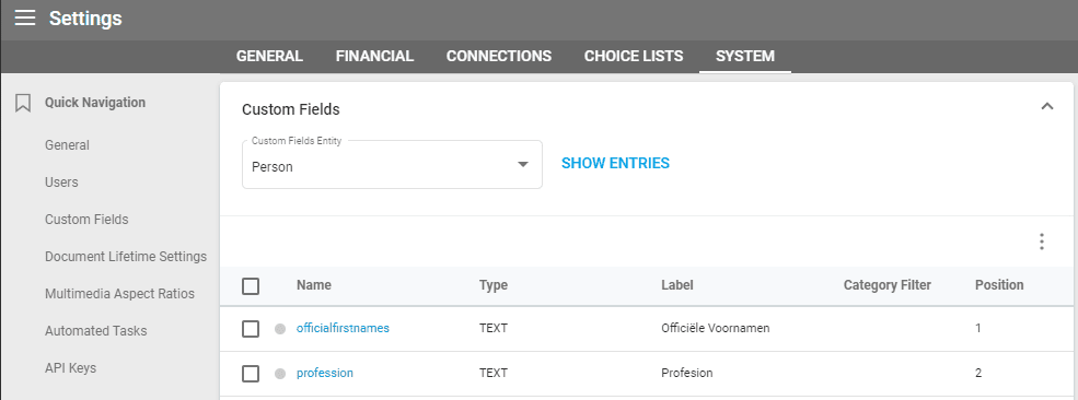 A screenshot showing the person custom fields in the settings.