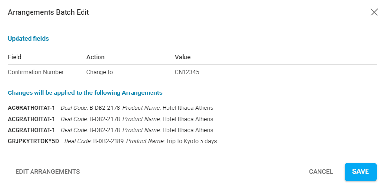 A screenshot showing the arrangements batch edit preview.