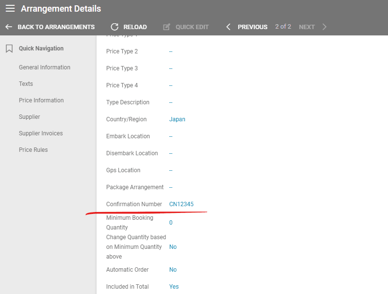 A screenshot showing the confirmation number field in the arrangement details.