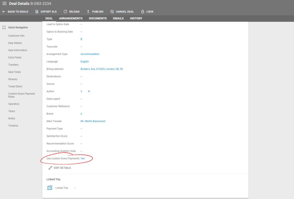 A screenshot showing a deal details and the new "use custom down payments" field