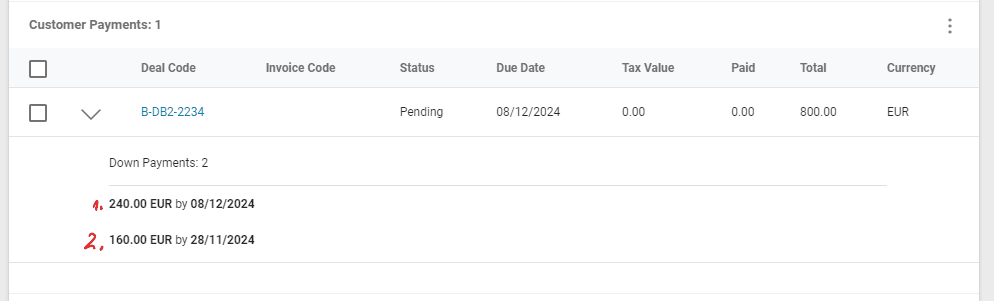 A screenshot showing the display of two custom down payment rules in the Customer Payments