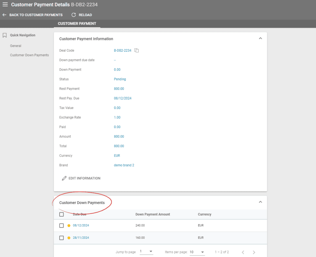 A screenshot showing the new Customer Down Payments section in the Payment Details