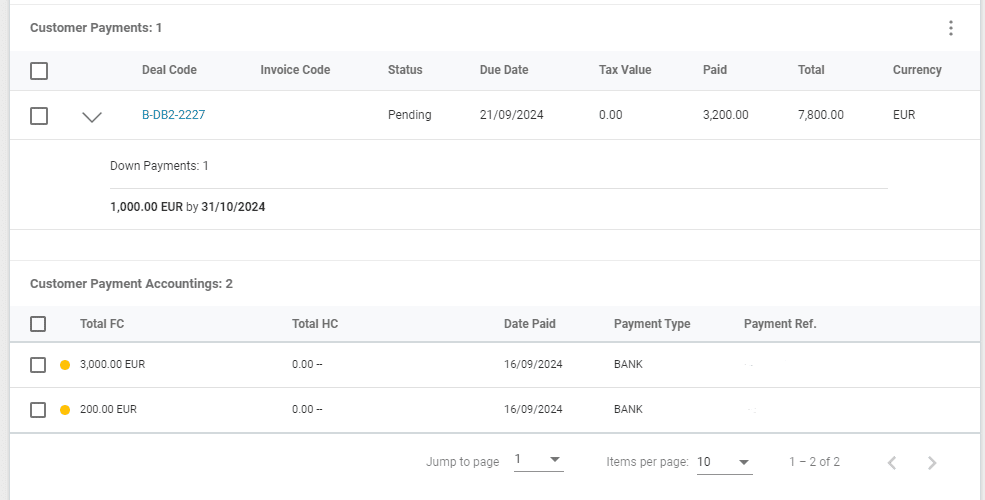 A screenshot showing an example of receiving payments and left over payments when using custom down payment rules