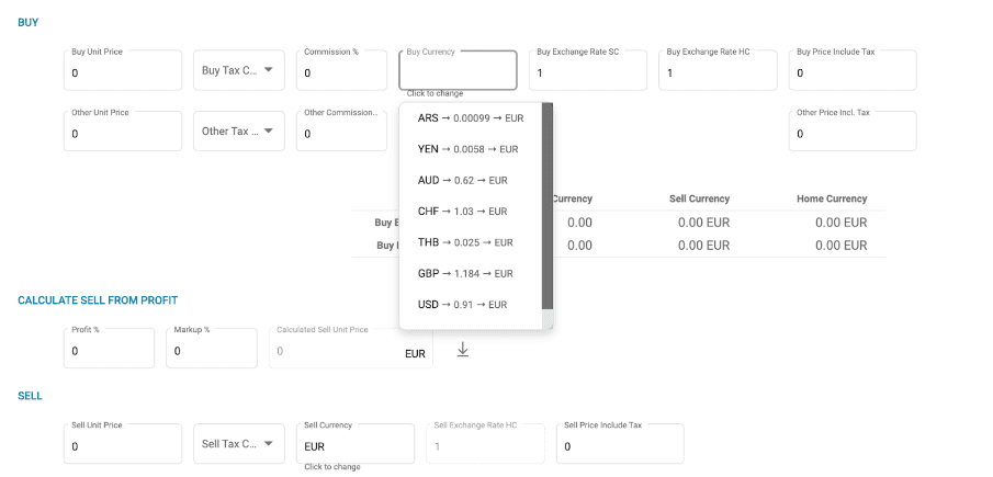 A screenshot of the buy price fields with multicurrencies