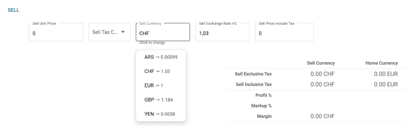 A screenshot of the sell price fields with multicurrencies