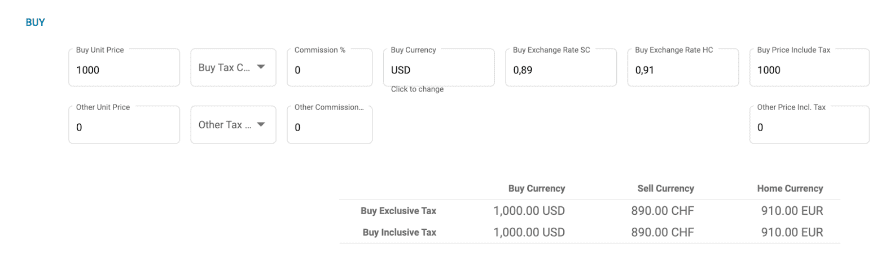 A screenshot of the buy price fields with multicurrencies