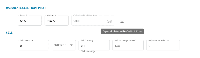 A screenshot of the calculate sell from profit fields