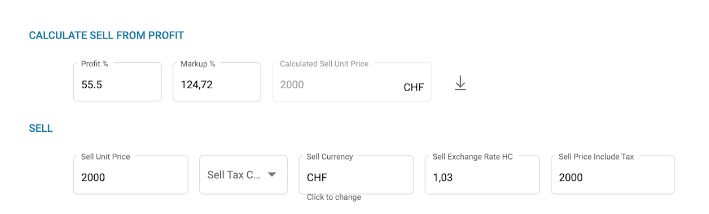 A screenshot of the calculate sell from profit fields