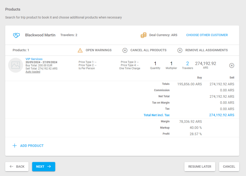 A screenshot of a new deal in the booking process with automatic products converted to the deal's selected currency