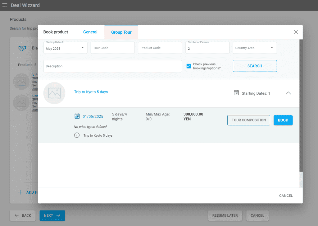 A screenshot of the booking process for a product search in a different currency