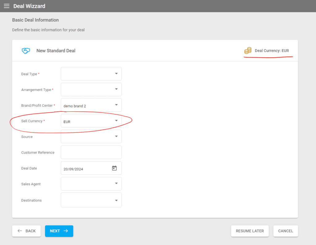 A screenshot of the field to set a currency for a new deal