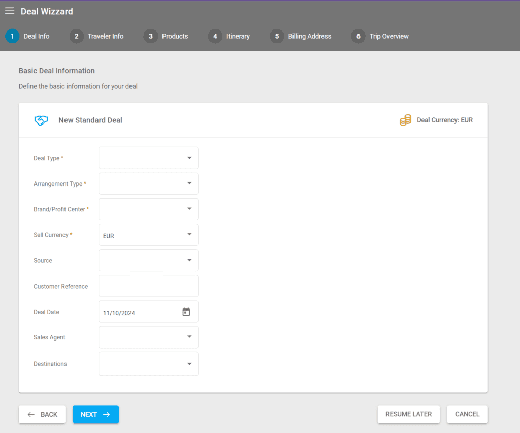 A screenshot of the standard deal creation fields