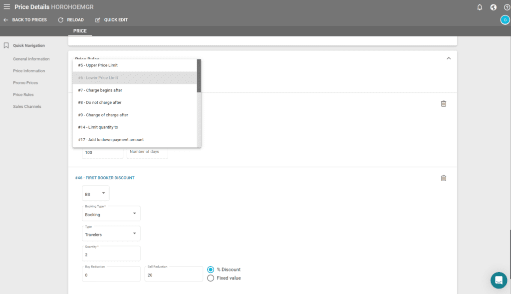 A screenshot showing the price rule interface of our tour operator software in a product price.