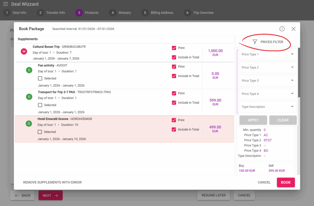 A screenshot of our tour operator software in the package booking part where prices can be filtered for each arrangement.