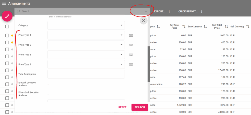 A screenshot of the Arrangement filters in our travel management software.