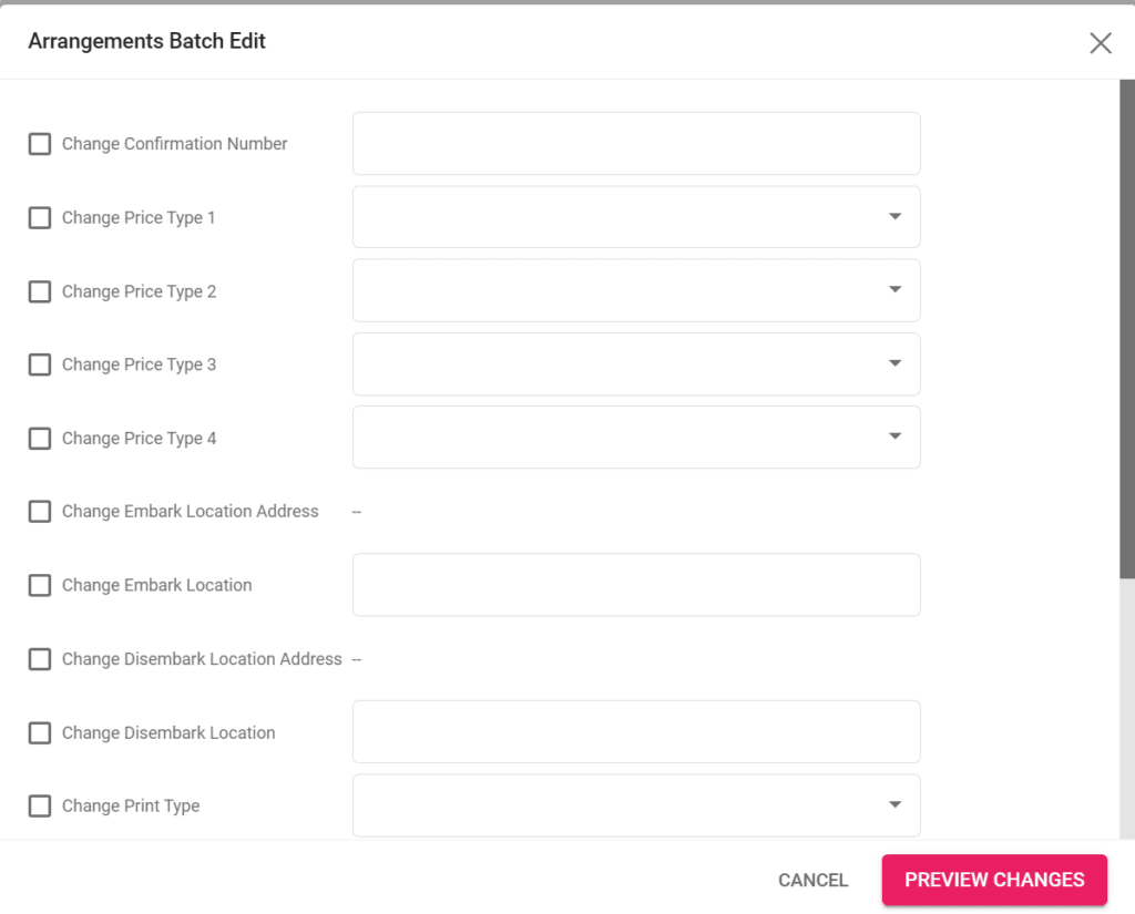 A screenshot of the Arrangements batch edit window.