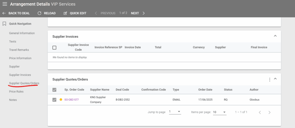 A screenshot of the new section in Arrangement Details for Supplier Quotes/Orders
