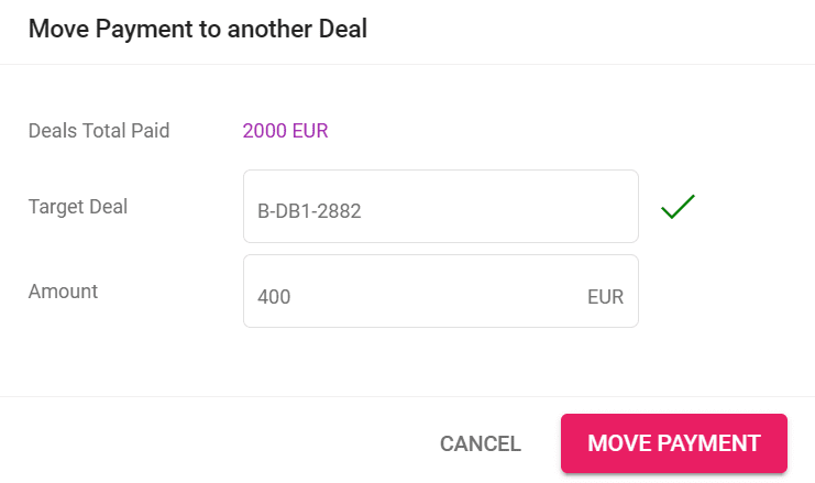 A screenshot of the move customer payment option in Victoury