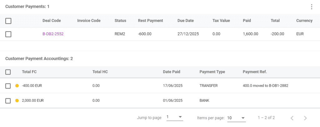A screenshot of the move customer payment option in Victoury after a payment has been moved