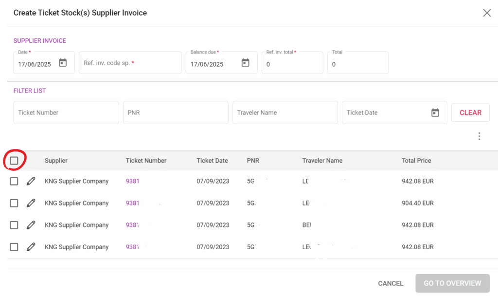 A screenshot showing the possibility to select more Ticket Stock entries for Supplier Invoice creation