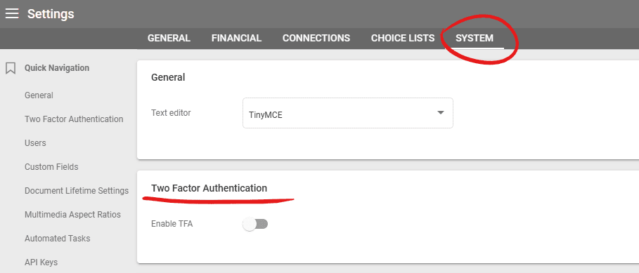 A screenshot showing the TFA toggle in the System Settings