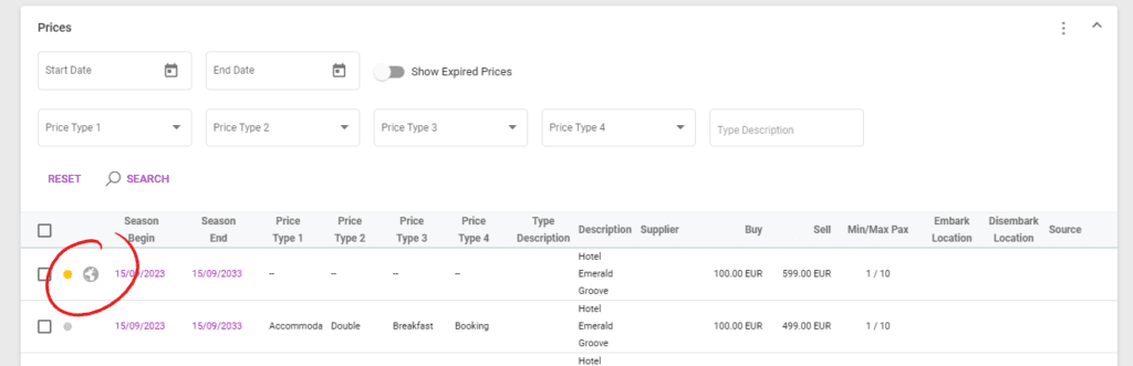 A screenshot of the new icon for published to web prices 