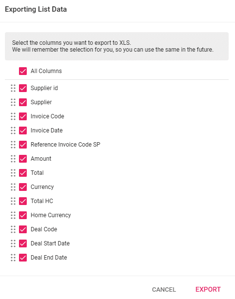 Screenshot with Supplier Invoice Export