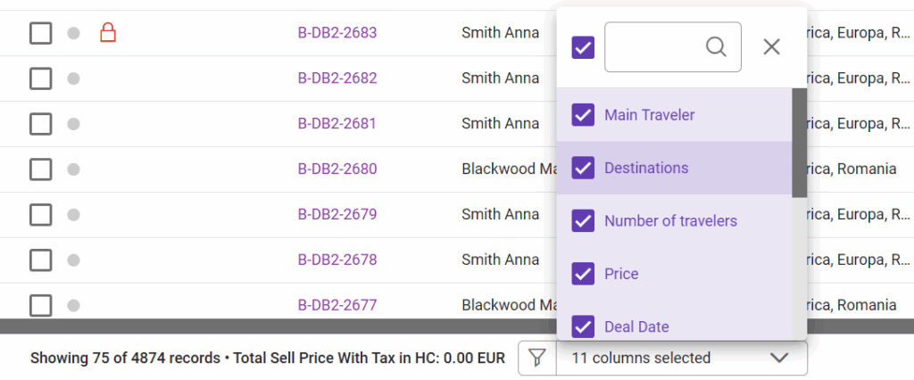Screenshot with column filtering in deal listing