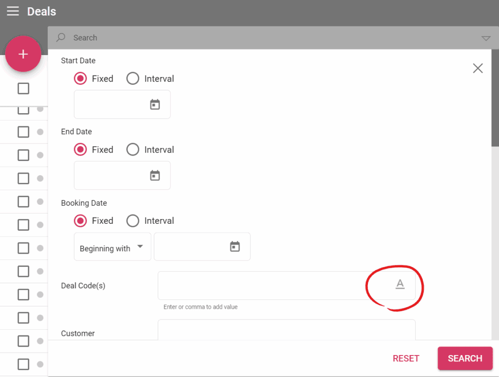 Screenshot with advanced search filters for Deals