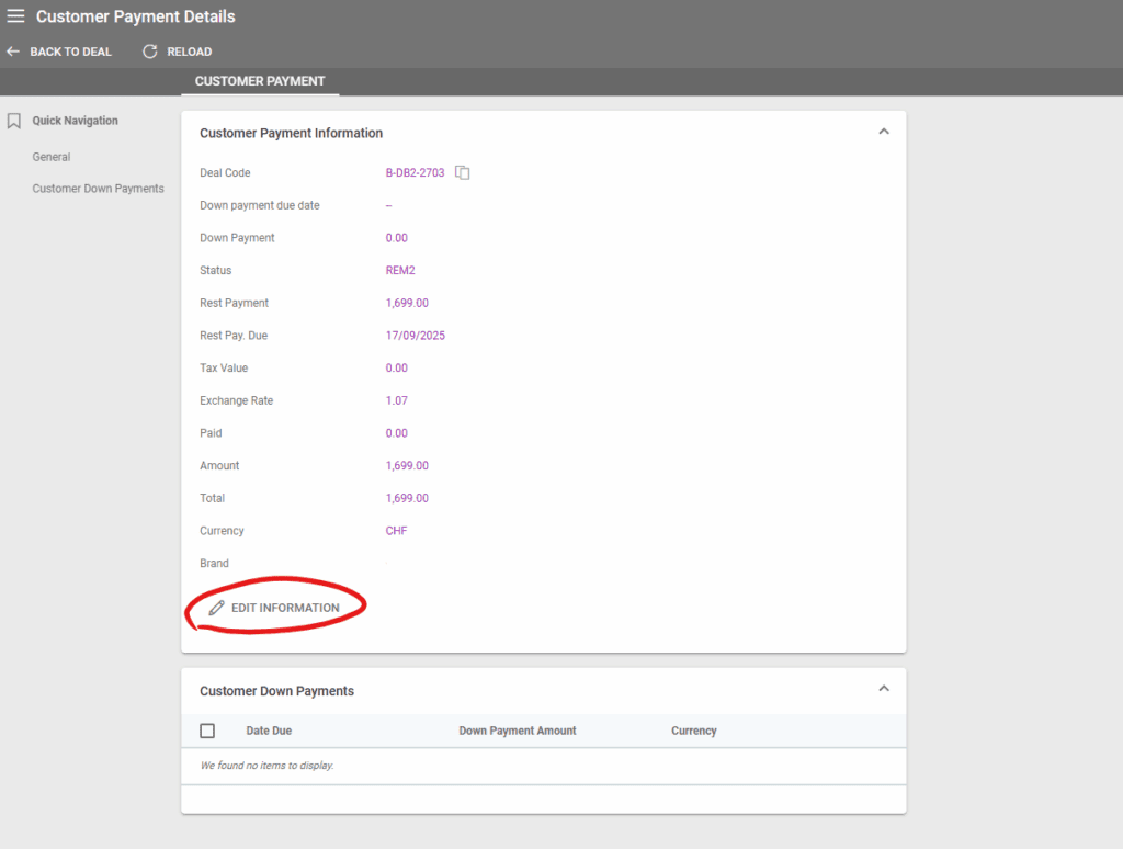 Screenshot with the customer payment information and the edit button