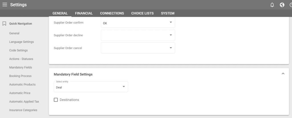 A screenshot showing the new Mandatory Field settings in our travel management software