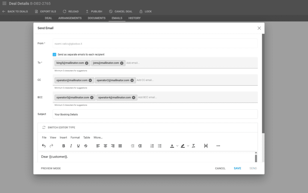 A screenshot showing the new updates to send travel emails to multiple recipients in our travel software