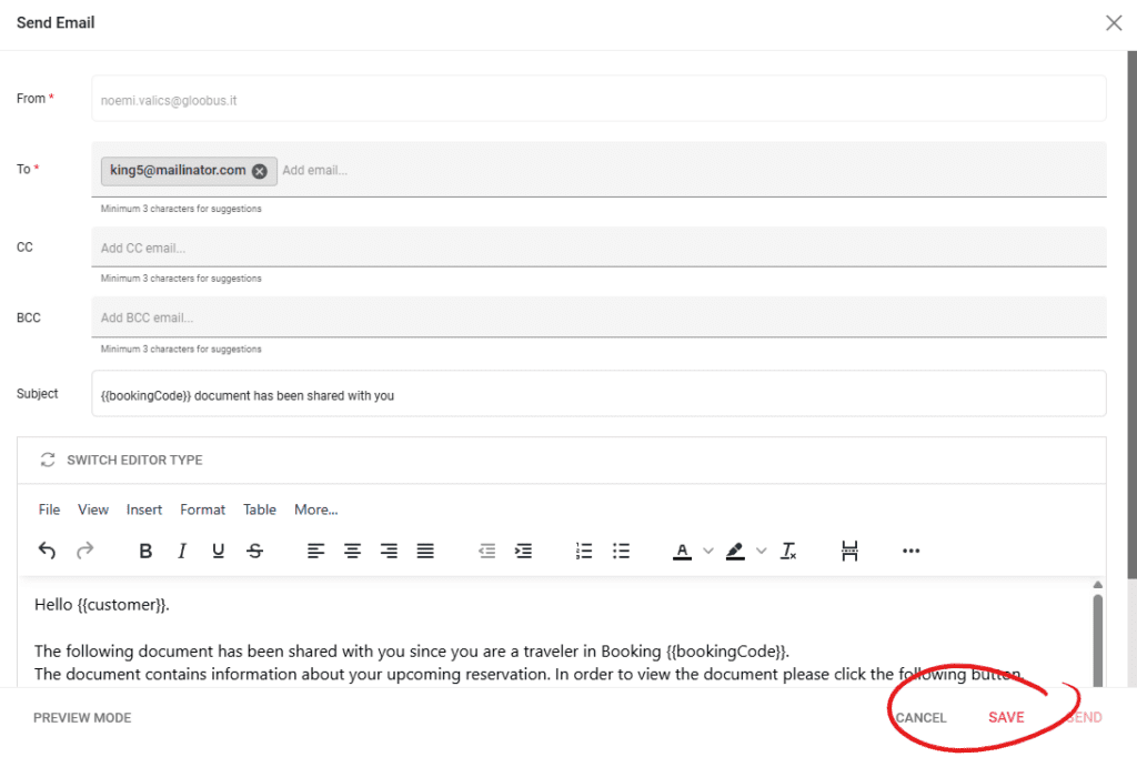 A screenshot showing the new uoption to save emails before sending in our tour operator software