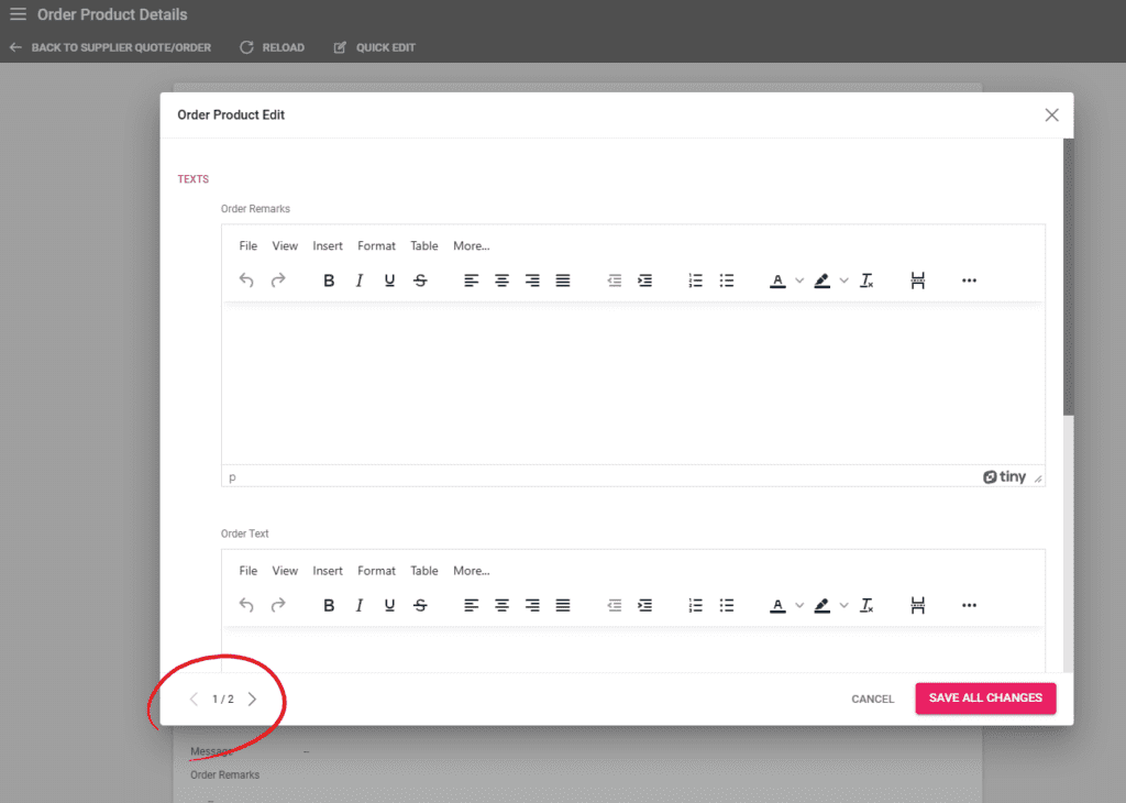 A screenshot showing the quick navigation between arrangements in the order product window