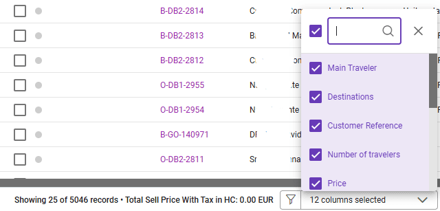 A screenshot showing the column filtering in our travel management software