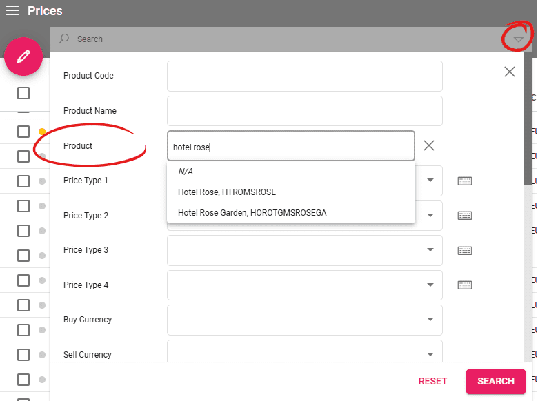 A screenshot showing the new product search field in the prices listing. The field auto suggests product names