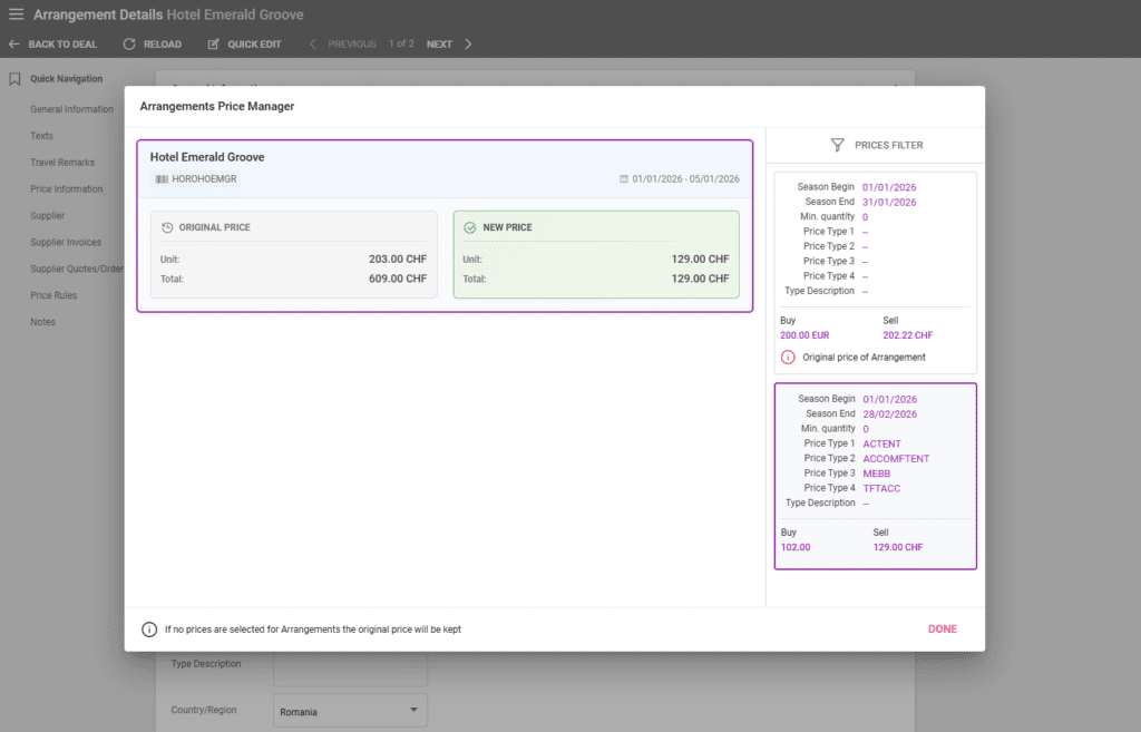 A screenshot showing the new option to select season crossover prices when changing an arrangementțs start and end dates