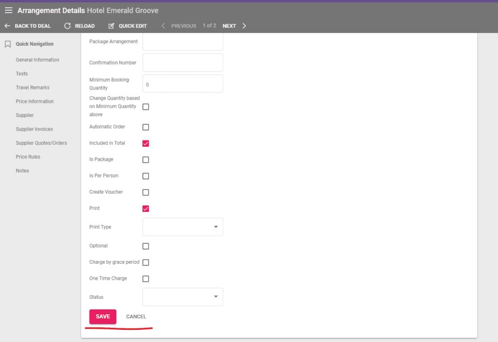 A screenshot showing the save button after changing the arrangements start and end date