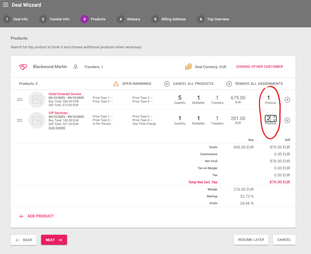 A screenshot showing the new column for arrangement position in the deal wizzard of our tour operator software